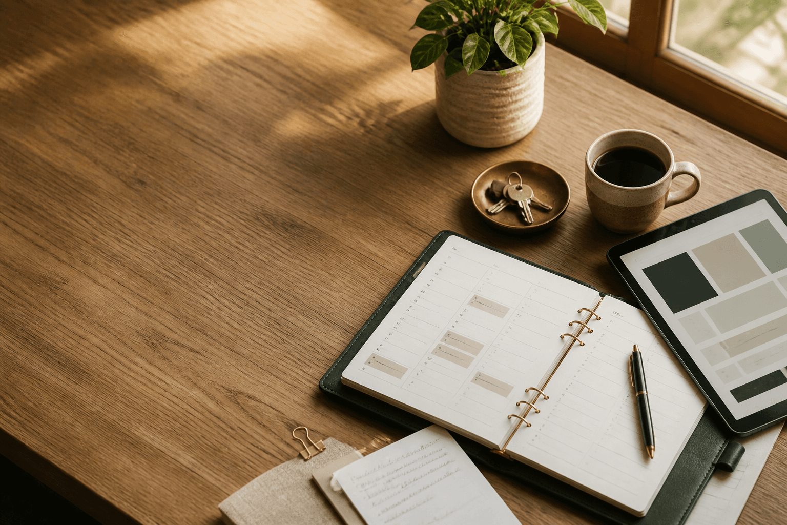 Draufsicht auf einen lokalen Arbeitsplatz mit Planer, Tablet und Schlüsselbund