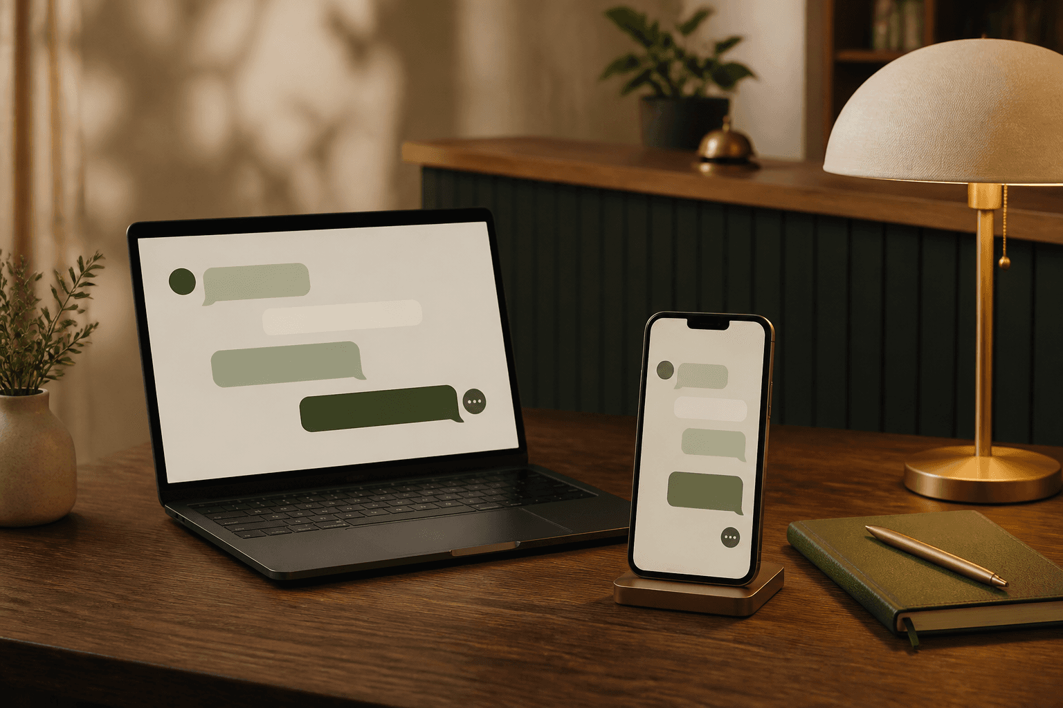 Laptop und Smartphone mit abstrakten Gesprächssignalen auf einem warmen Empfangstresen